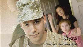  Presentation with military family - Audience pleasing slide deck consisting of man leaving house with family backdrop and a coral colored foreground