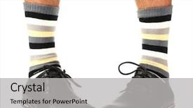  Presentation with socks - Theme consisting of man leg in suit and colorful socks isolated on white background and a light gray colored foreground