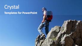 Presentation with deep blue - PPT layouts featuring man lifting hands mountain - climber standing on a stone background and a  colored foreground