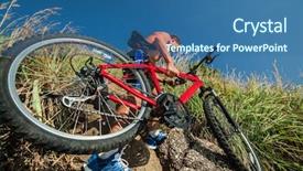  Presentation with bicycle - Audience pleasing slides consisting of man lifting hands mountain - half-naked sportman carrying a bicycle backdrop and a  colored foreground