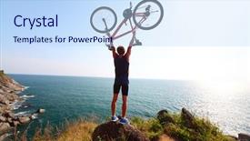  Presentation with rider - Slides featuring man lifting hands mountain - young rider standing on top background and a sky blue colored foreground