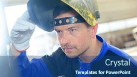  Presentation with welding - Presentation enhanced with man lifting welding mask background and a ocean colored foreground