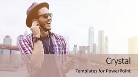  Presentation with new york - Presentation consisting of man listening music in brooklyn background and a mint green colored foreground