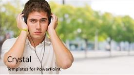  Presentation with assistive listening device - Beautiful PPT theme featuring man listening on headphones outdoor backdrop and a  colored foreground