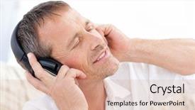  Presentation with listening - PPT theme consisting of man listening to some music background and a coral colored foreground