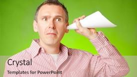  Presentation with curiosity - Colorful slides enhanced with man listening with eartrumpet made backdrop and a lemonade colored foreground