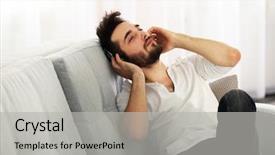  Presentation with music man in suit guitar - Colorful slide deck enhanced with man listens music with headphones backdrop and a  colored foreground