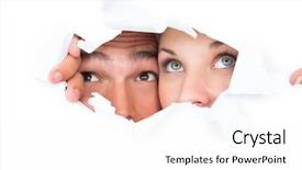  Presentation with torn paper - Slides with man look hole - young couple peeking through torn background and a white colored foreground
