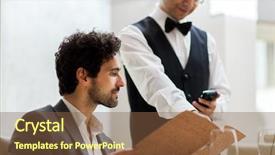  Presentation with restaurant menu pizza - PPT layouts featuring man looking at a menu background and a tawny brown colored foreground