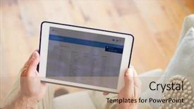  Presentation with banking app - Amazing PPT theme having man looking at banking app on digital tablet backdrop and a coral colored foreground