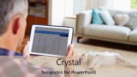  Presentation with banking app - Audience pleasing slide deck consisting of man looking at banking app backdrop and a soft green colored foreground