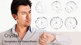  Presentation with man watching woman preparing vegetables - Amazing presentation design having man looking at his watch backdrop and a  colored foreground