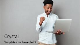  Presentation with afro - Colorful PPT theme enhanced with man looking at laptop computer backdrop and a light gray colored foreground