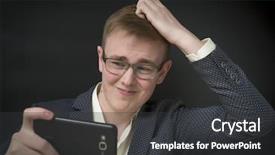  Presentation with human face - Beautiful presentation theme featuring man looking at phone seeing backdrop and a dark gray colored foreground