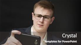  Presentation with human face - PPT theme with man looking at phone seeing background and a dark gray colored foreground