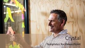  Presentation with sticky notes - Cool new presentation theme with man looking at sticky notes on window in the office backdrop and a coral colored foreground