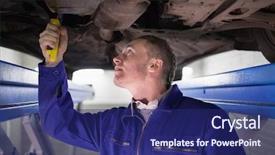  Presentation with garage car - Slides featuring man looking at the below of a car while repairing in a garage background and a navy blue colored foreground