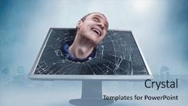  Presentation with man looking up happy - Theme having man looking from cracked monitor background and a  colored foreground