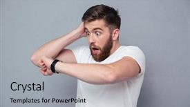  Presentation with man looking up happy - PPT layouts having man looking on wrist watch background and a light gray colored foreground