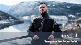  Presentation with house - Colorful slide set enhanced with man-looking-over-hardangerfjord backdrop and a ocean colored foreground