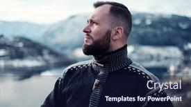  Presentation with house - Presentation design featuring man-looking-over-hardangerfjord background and a navy blue colored foreground