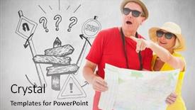  Presentation with map - Colorful presentation theme enhanced with man looking raod question mark - happy tourist couple using map backdrop and a  colored foreground