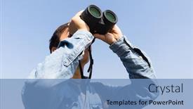  Presentation with binocular - Colorful presentation design enhanced with man looking thoguh binocular backdrop and a teal colored foreground