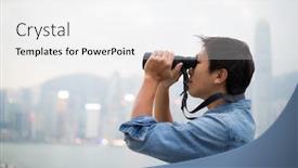  Presentation with binocular - Audience pleasing slide set consisting of man looking though the binocular at hong kong backdrop and a white colored foreground