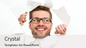  Presentation with paper - Colorful presentation theme enhanced with man looking through hole backdrop and a soft green colored foreground