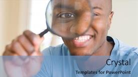  Presentation with looking glass - PPT theme having man looking through magnifying glass background and a teal colored foreground