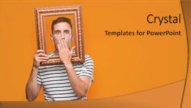  Presentation with vintage art - Amazing PPT theme having man looking through vintage art backdrop and a gold colored foreground