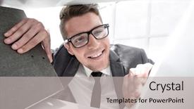  Presentation with man looking up happy - Cool new PPT theme with man looks at the folder backdrop and a light gray colored foreground