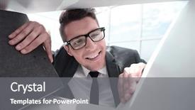  Presentation with man looking up happy - Slide set with man looks at the folder background and a gray colored foreground