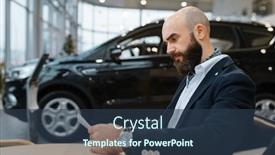  Presentation with dealership - Amazing PPT theme having man-looks-price-on-new backdrop and a tawny brown colored foreground