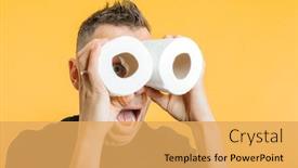  Presentation with covid coronavirus - Beautiful PPT layouts featuring man-looks-through-toilet-paper backdrop and a yellow colored foreground