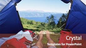  Presentation with tent - Audience pleasing presentation consisting of man lying in tent with a view of lake backdrop and a tawny brown colored foreground