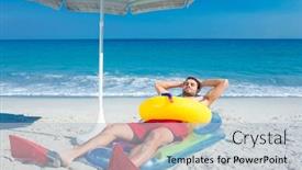  Presentation with rubber - PPT theme with man lying on the beach with flippers and rubber ring on a sunny day background and a light blue colored foreground
