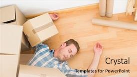  Presentation with sky diving man falling - Colorful PPT layouts enhanced with man lying under fallen boxes backdrop and a lemonade colored foreground