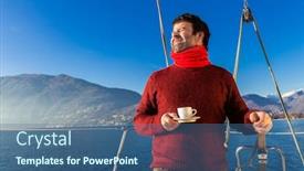  Presentation with sailboat - Beautiful PPT theme featuring man-makes-a-coffee-break backdrop and a ocean colored foreground