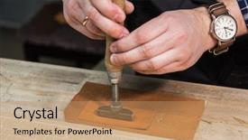  Presentation with leather craft - PPT theme having man makes a stamp background and a coral colored foreground