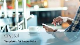  Presentation with touch screen - Presentation theme consisting of man-makes-touch-screen-gesture background and a light blue colored foreground