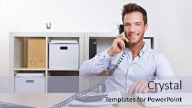  Presentation with phone - Presentation theme featuring man making a phone call background and a light blue colored foreground