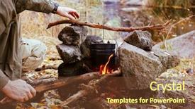  Presentation with helping man mountain - PPT theme featuring man making fire in mountains background and a tawny brown colored foreground