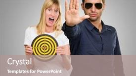  Presentation with dartboard - Theme featuring man making hand stop and afraid woman holding dartboard on gray background background and a coral colored foreground