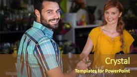 Presentation with payment - Audience pleasing PPT theme consisting of man making payment with his credit card in the flower shop backdrop and a tawny brown colored foreground