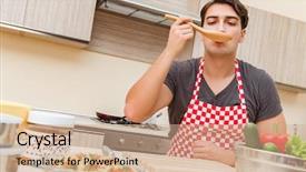  Presentation with food - Audience pleasing PPT layouts consisting of man male cook preparing food backdrop and a coral colored foreground