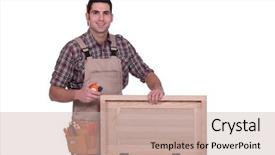  Presentation with man door - Beautiful PPT theme featuring man measuring cabinet door backdrop and a  colored foreground