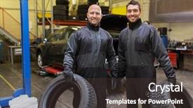  Presentation with car service - Beautiful presentation theme featuring man middle change - car service repair maintenance backdrop and a  colored foreground