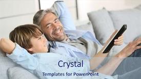  Presentation with father - Slide set consisting of man middle change - father and son watching tv background and a sky blue colored foreground