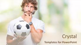  Presentation with kidney transplant holding a model - Slide set consisting of man model holding soccer football background and a  colored foreground